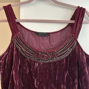 BCBGMaxAzria Crushed Velvet Top Maroon Beaded Tank Camisole Boho Small EUC